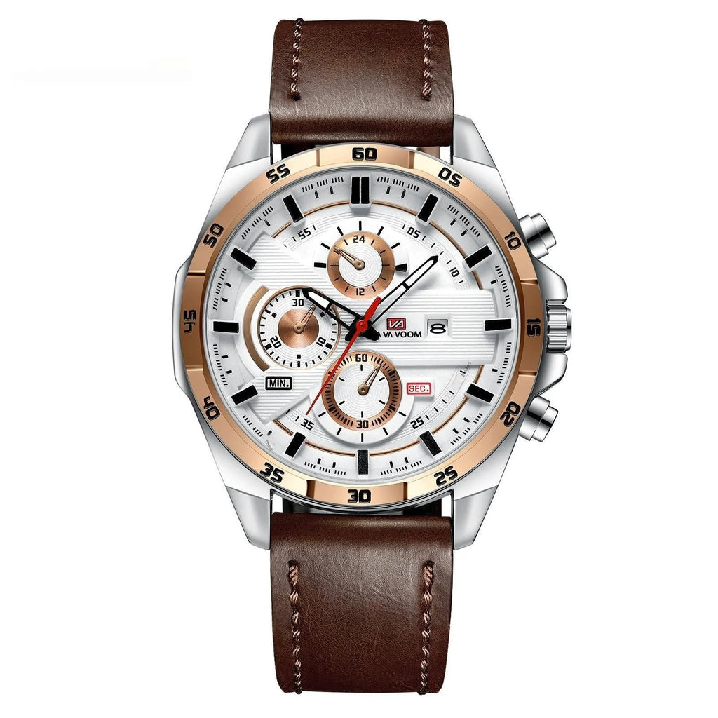 Men's waterproof business calendar quartz watch with leather strap and metal case in various colour options