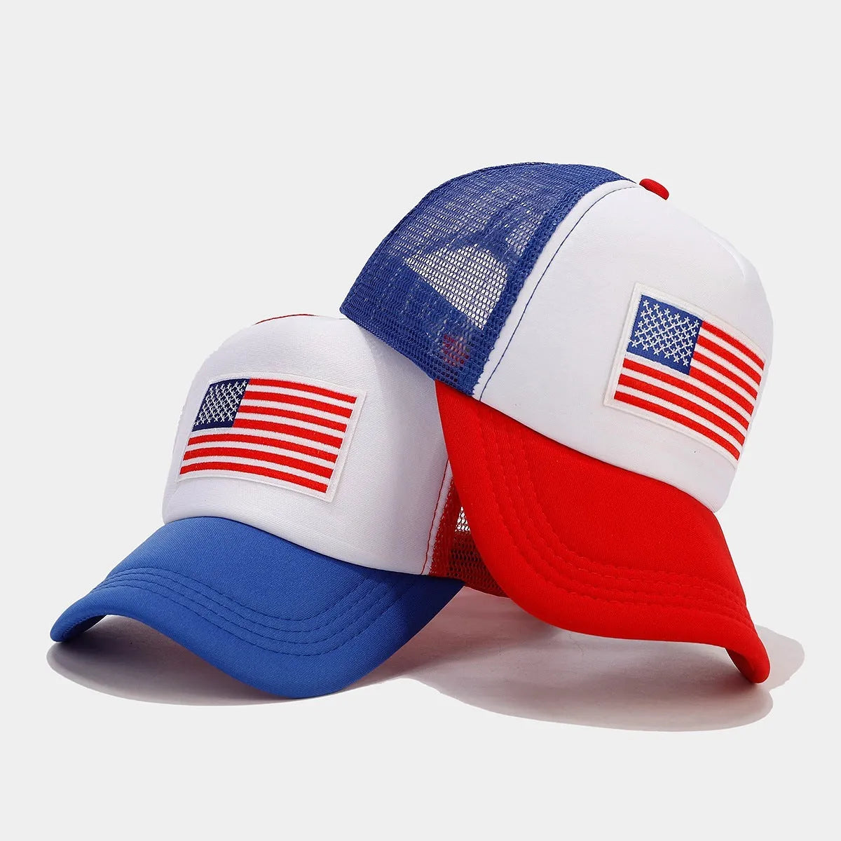 Red and blue contrast adjustable mesh baseball cap with dome crown construction