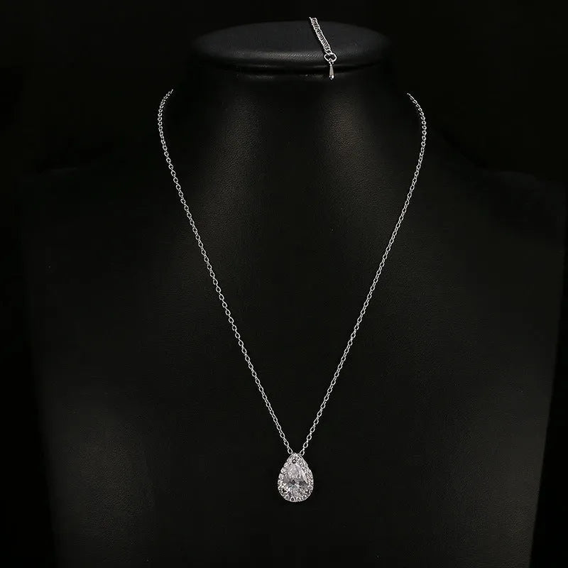 Water drop gemstone necklace and earrings jewellery set in copper and zircon, adjustable chain 51-80cm, rose gold finish