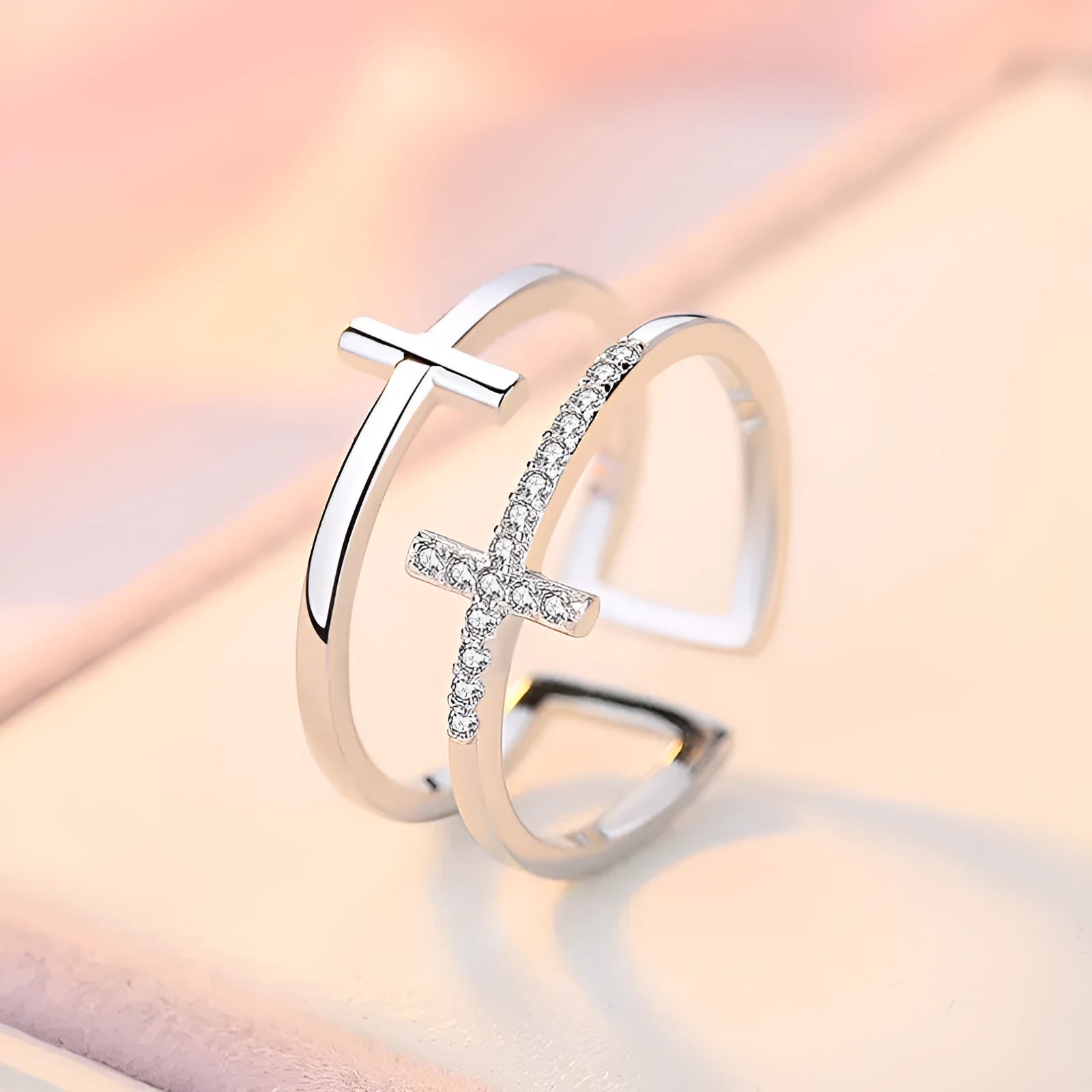 Women's adjustable copper ring with double cross design and zircon stones in white gold finish
