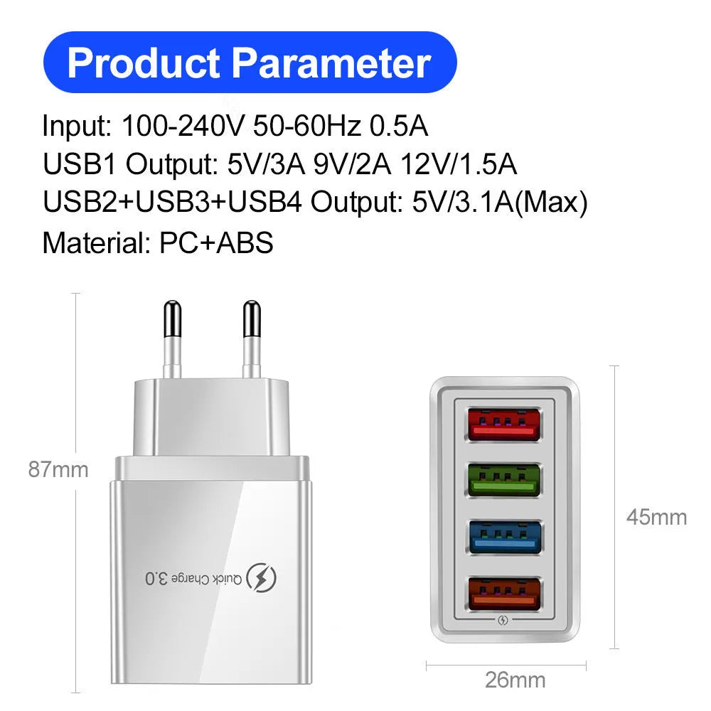 Multi-port 3.1A USB charging head with four ports and interchangeable UK EU US plugs in black colour