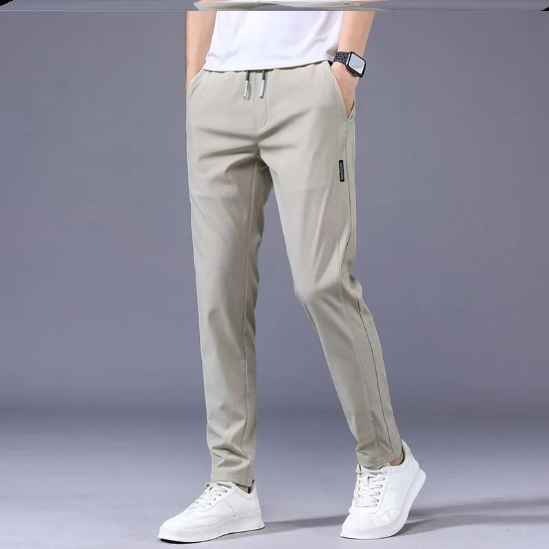 Men's Khaki drawstring trousers with loose straight leg and elastic waist, Korean casual style