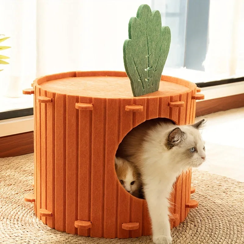 Handmade felt cat nest tunnel with semi-enclosed design and drilled openings, shown in M and L sizes
