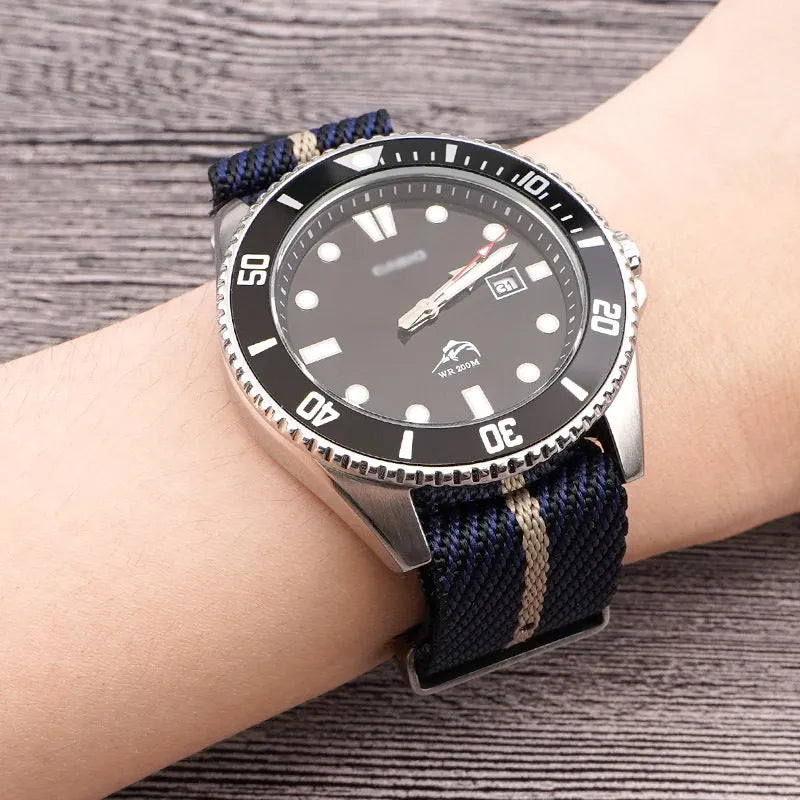 Nylon woven canvas watch strap with silver buckle in blue white colour, 22mm width on a watch