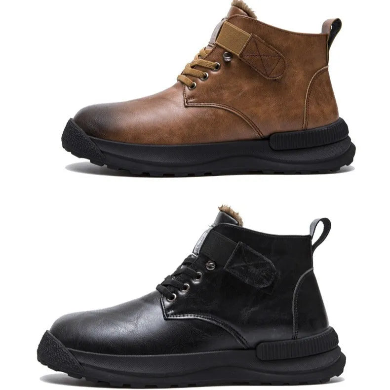 Black platform Martin boots with velvet artificial PU upper and rubber sole showing high-top design