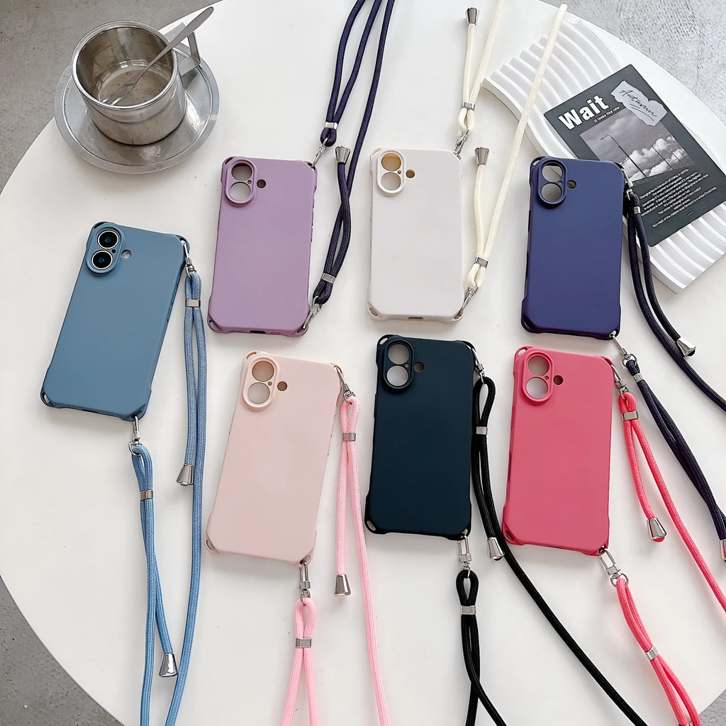 Four-corner cross lanyard liquid silicone phone case for Apple iPhone 16 in antique white with matching lanyard