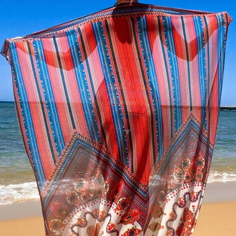 Women's three-piece swimsuit set showing high-waist briefs, sleeveless cutout blouse, and matching coat in picture colour