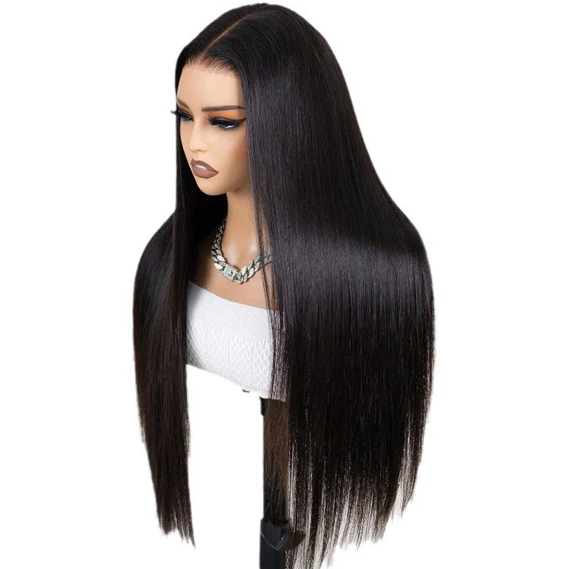 13x6 straight lace front human hair wig in black colour showing natural style and length options