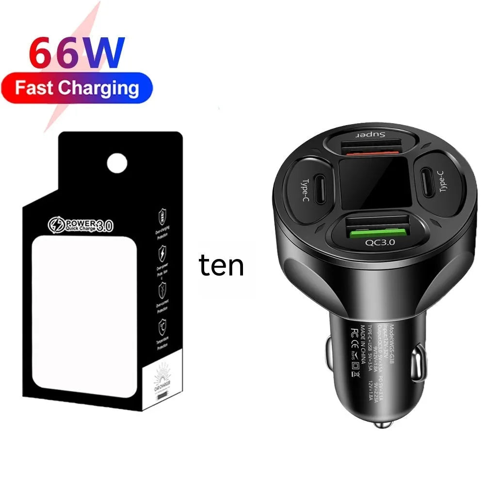 66W digital display car charger with four USB and Type-C ports for fast charging