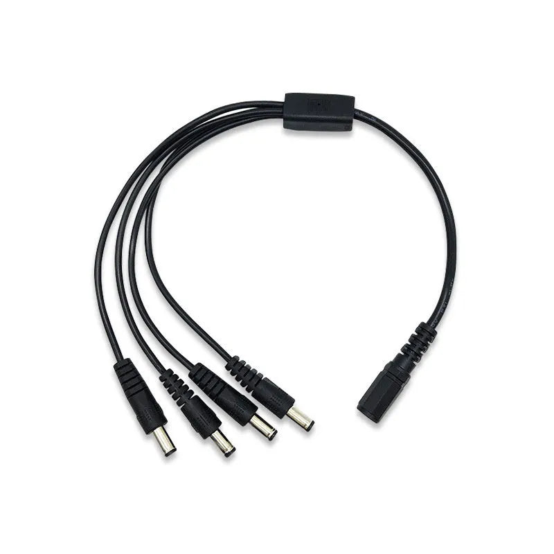 Black 12V DC monitoring power cord with one input and four output connectors for CCTV cameras