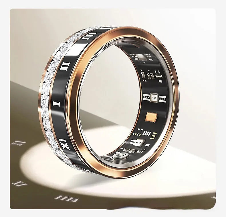 Diamond-inlaid smart ring with metal finish showing integrated sensor for blood oxygen monitoring