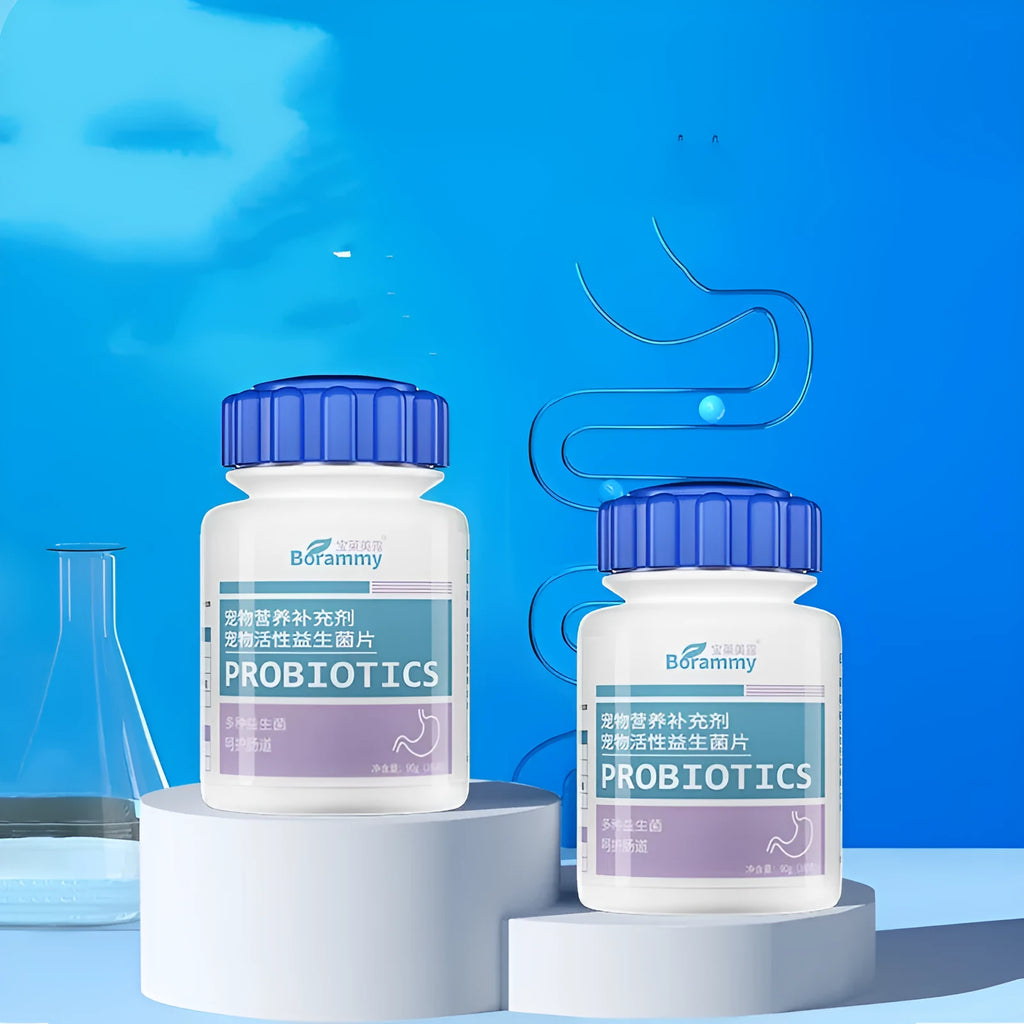 Bottle containing 180 pet probiotic tablets for dog and cat digestive health support