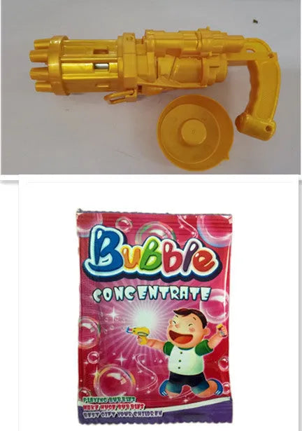 Children's bubble machine gun toy in pink, gold, or black colours with battery compartment and bubble solution.