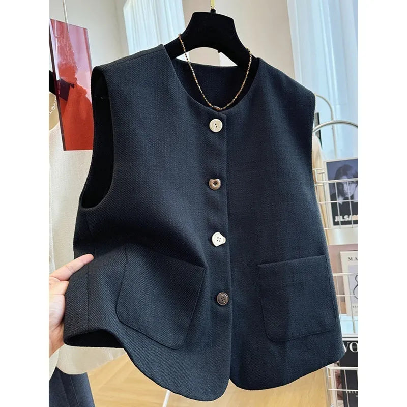 Women's black bandage vest dress with round neckline and sleeveless French-style design