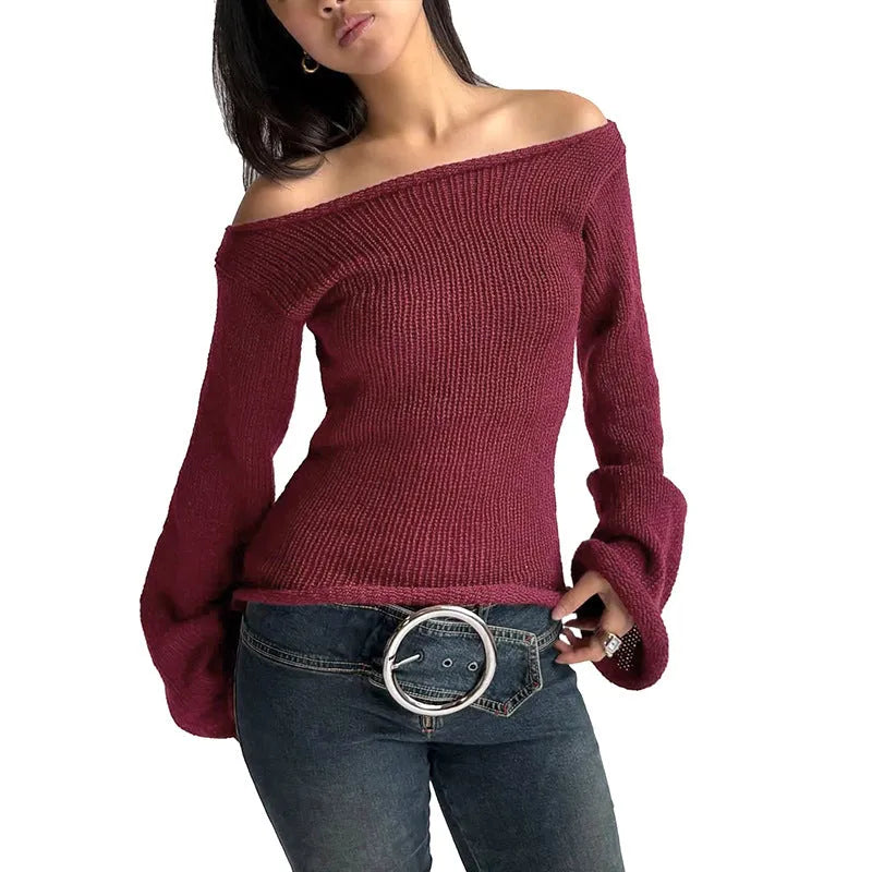 New solid colour slim-fit bell sleeve t-shirt with boat neck in brown