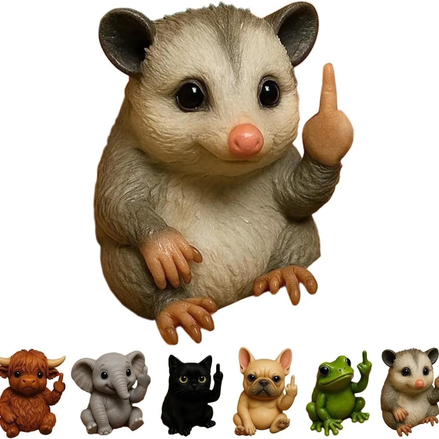 Resin animal middle finger doll in cat, dog, elephant, frog, Highland cattle, mouse, or turtle style.