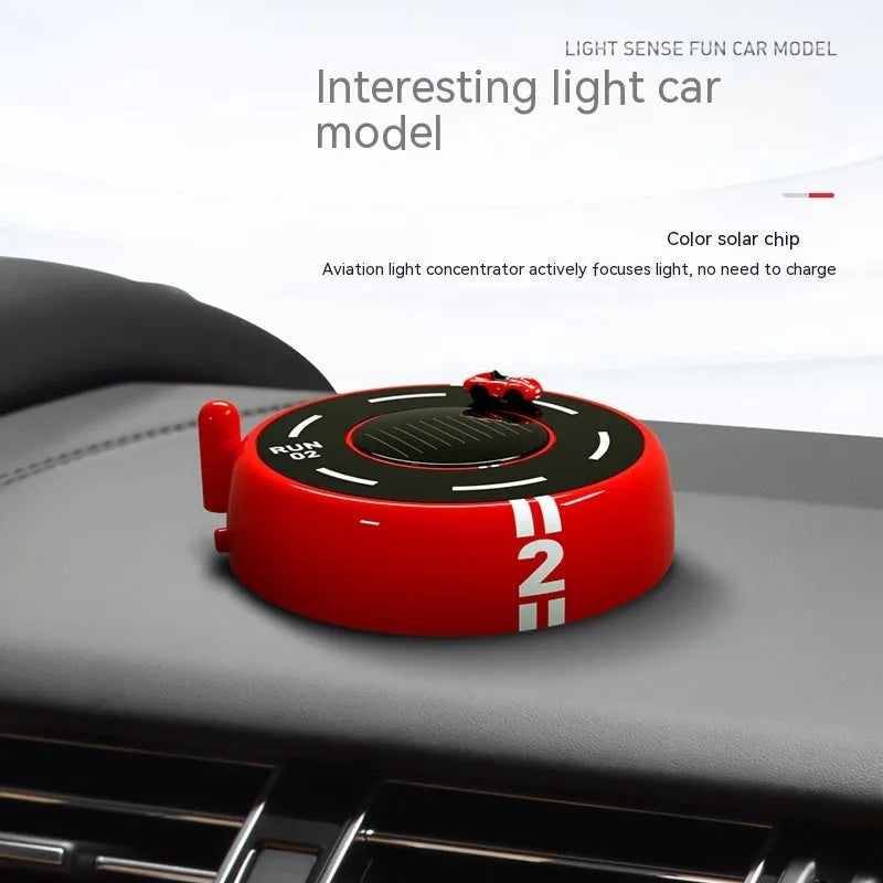 Solar-powered round car air freshener decorative device in black, red or white colour
