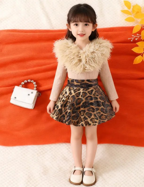 Brown leopard print cotton two-piece set with long sleeve top and skirt for kids 90-140cm