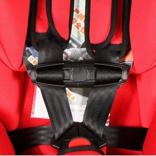 Black nylon seat belt buckle clip for child car seat harness, dimensions 14.5cm by 4cm.