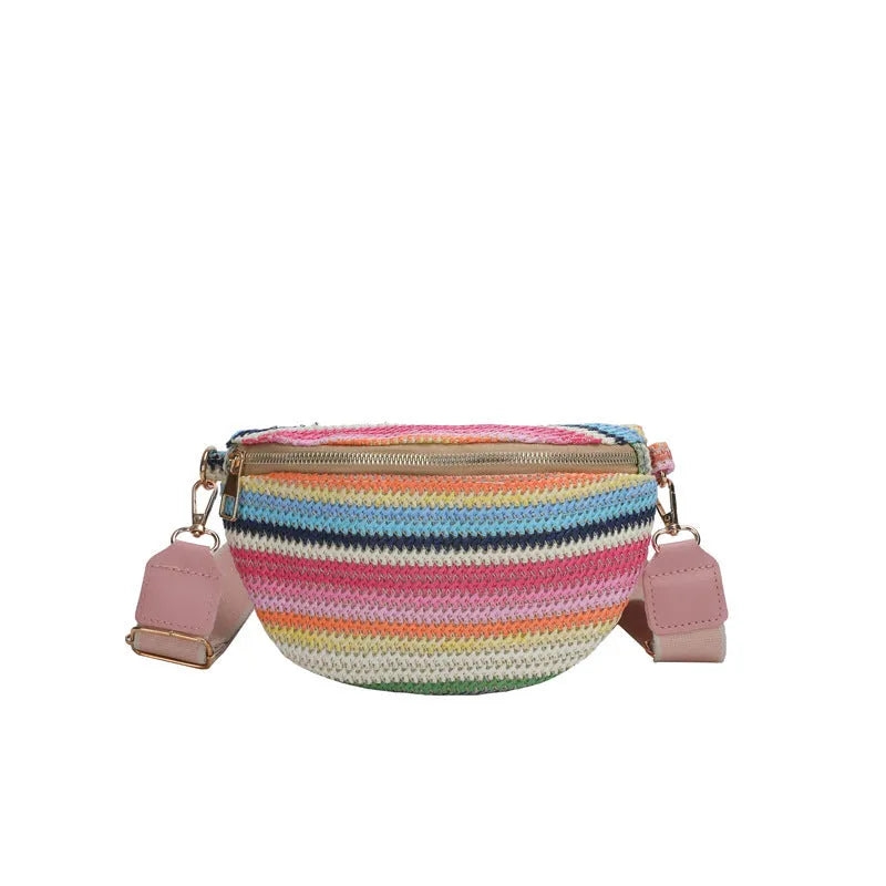 Blue straw woven shell-shaped beach bag with single shoulder strap and bohemian design