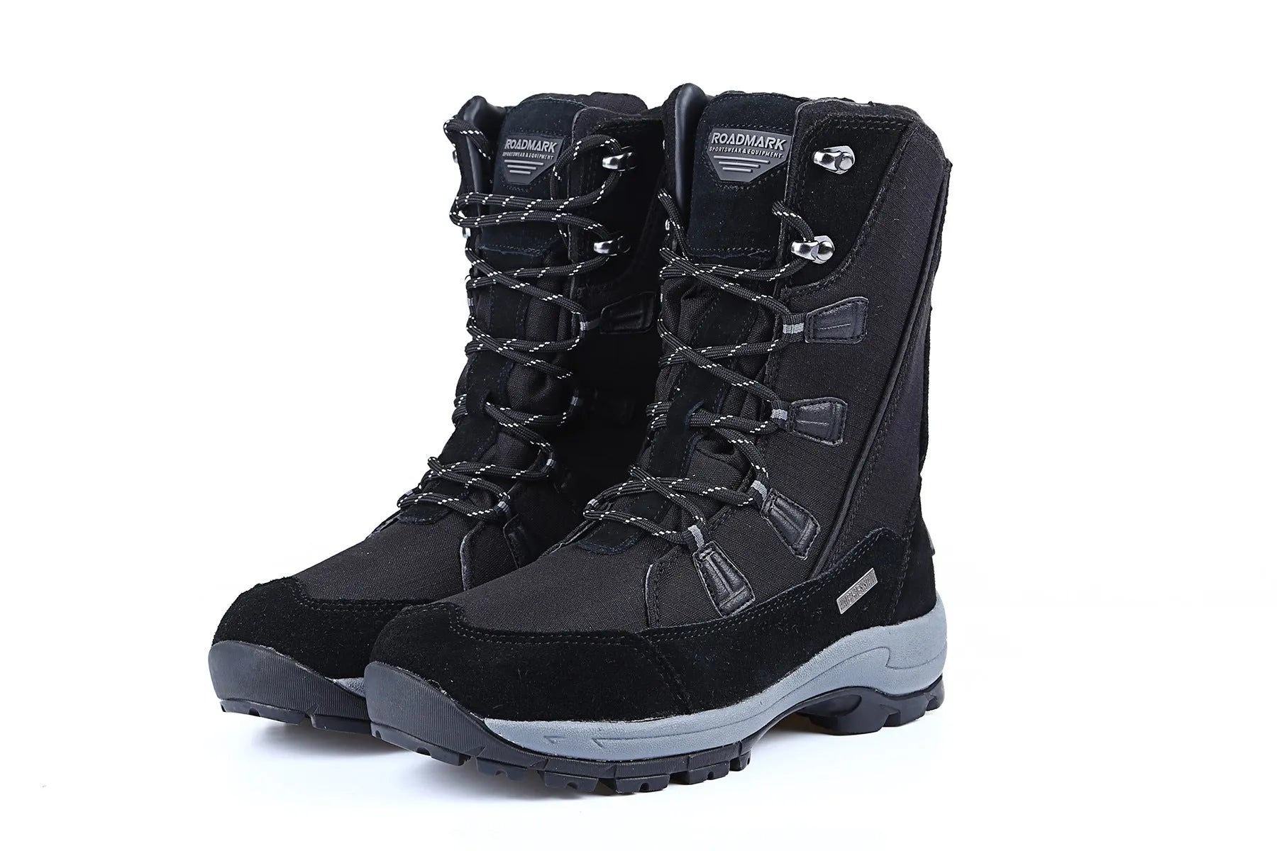 Women's black genuine leather mid-calf snow boots with a round toe and rubber sole on a white background.