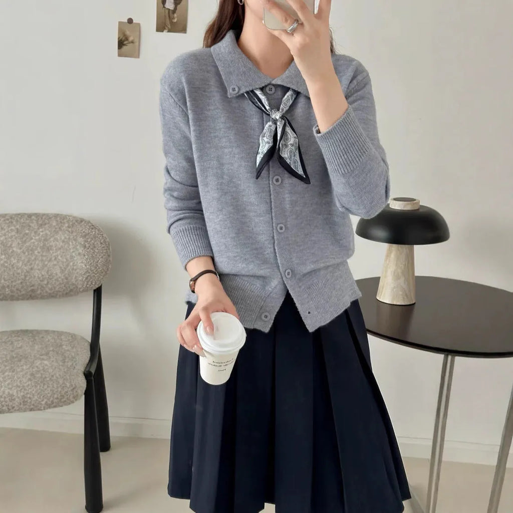 Women's beige cardigan sweater with an attached lapel scarf collar, long sleeves