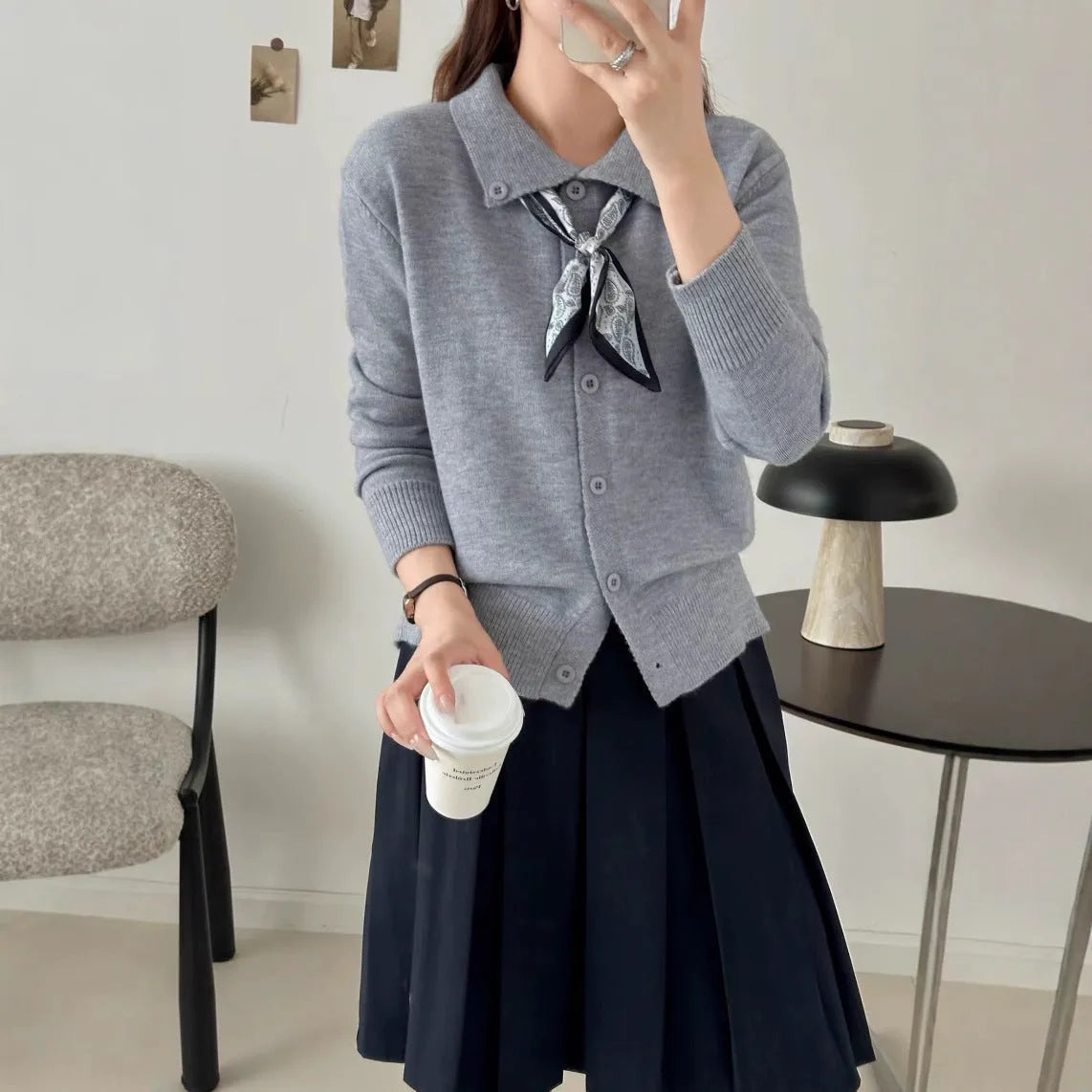Women's beige cardigan sweater with an attached lapel scarf collar, long sleeves