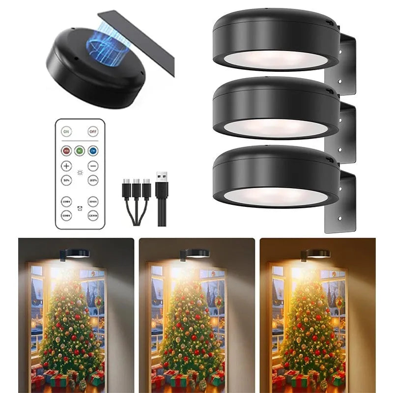 Wireless magnetic LED picture light with remote control in black, mounted on a painting frame.