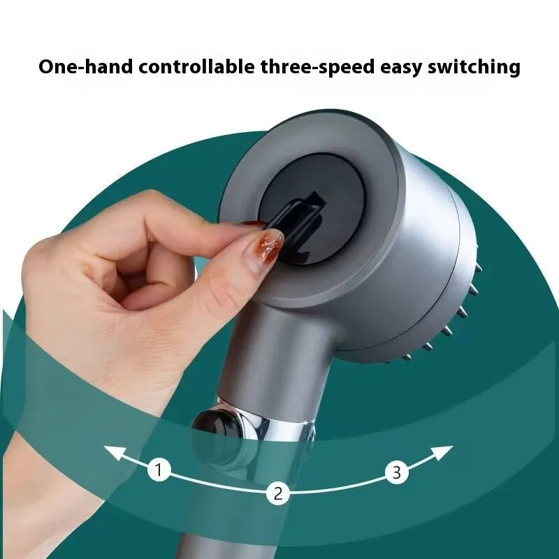 Portable white ABS shower head with a modern simple design and three-gear adjustment dial.