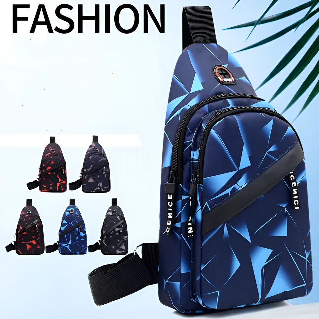 Men's black print sling chest bag with earphone hole and zipper, showing inner patch pocket.