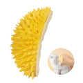Yellow durian shaped cat corner scratcher mounted on a wall with adhesive backing