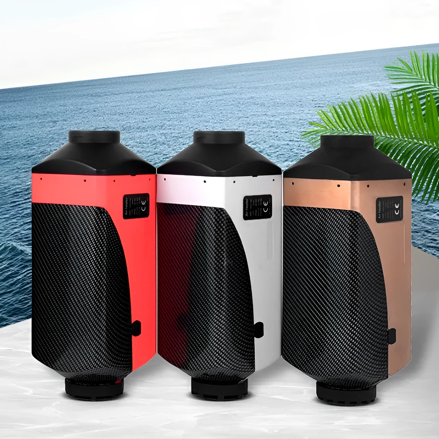 Red and black diesel air heater unit with fuel tank and installation components for vehicles