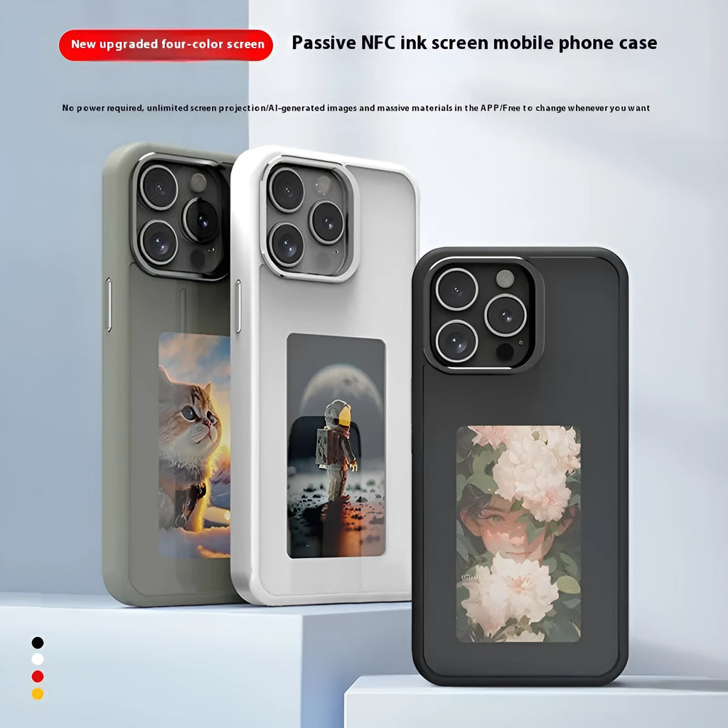 Graphite black iPhone case with a four-colour E-ink display and a fold-out standing bracket.