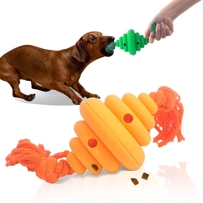 Green and yellow dog ball with rope toy showing split oval spiral design and integrated rope handle