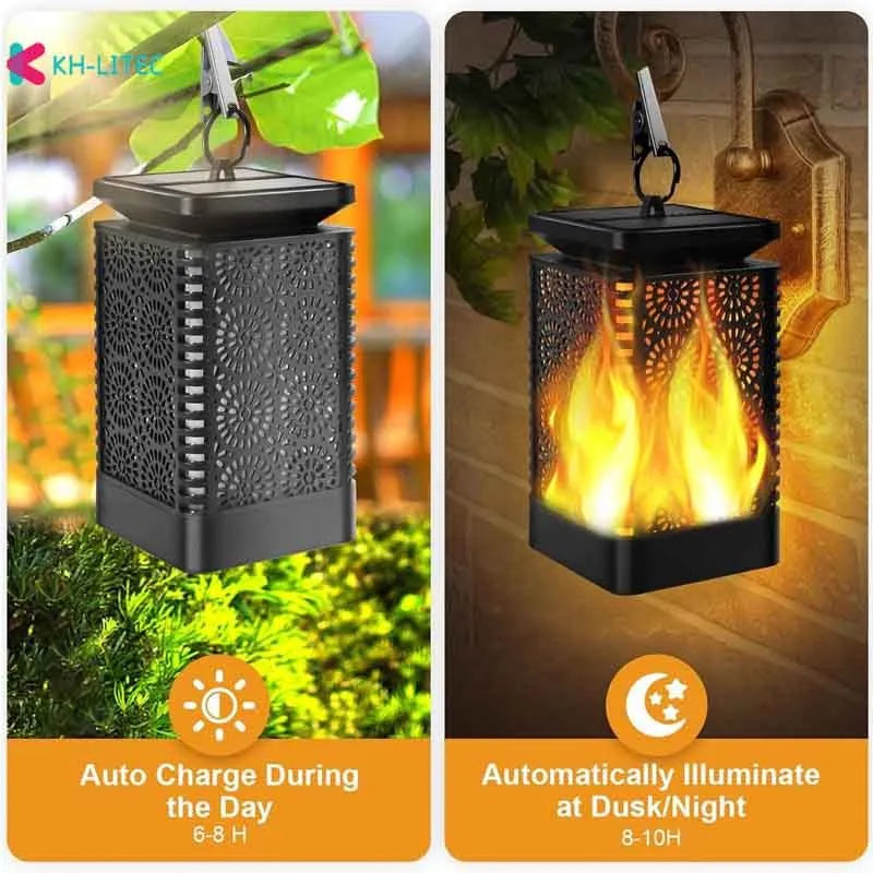 Set of four black solar-powered LED lanterns with flame flicker effect for outdoor garden use.