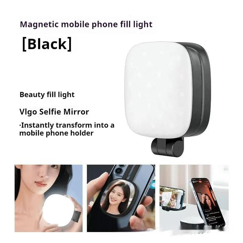 Mini portable mobile phone fill light with magnetic holder showing three colour temperature settings