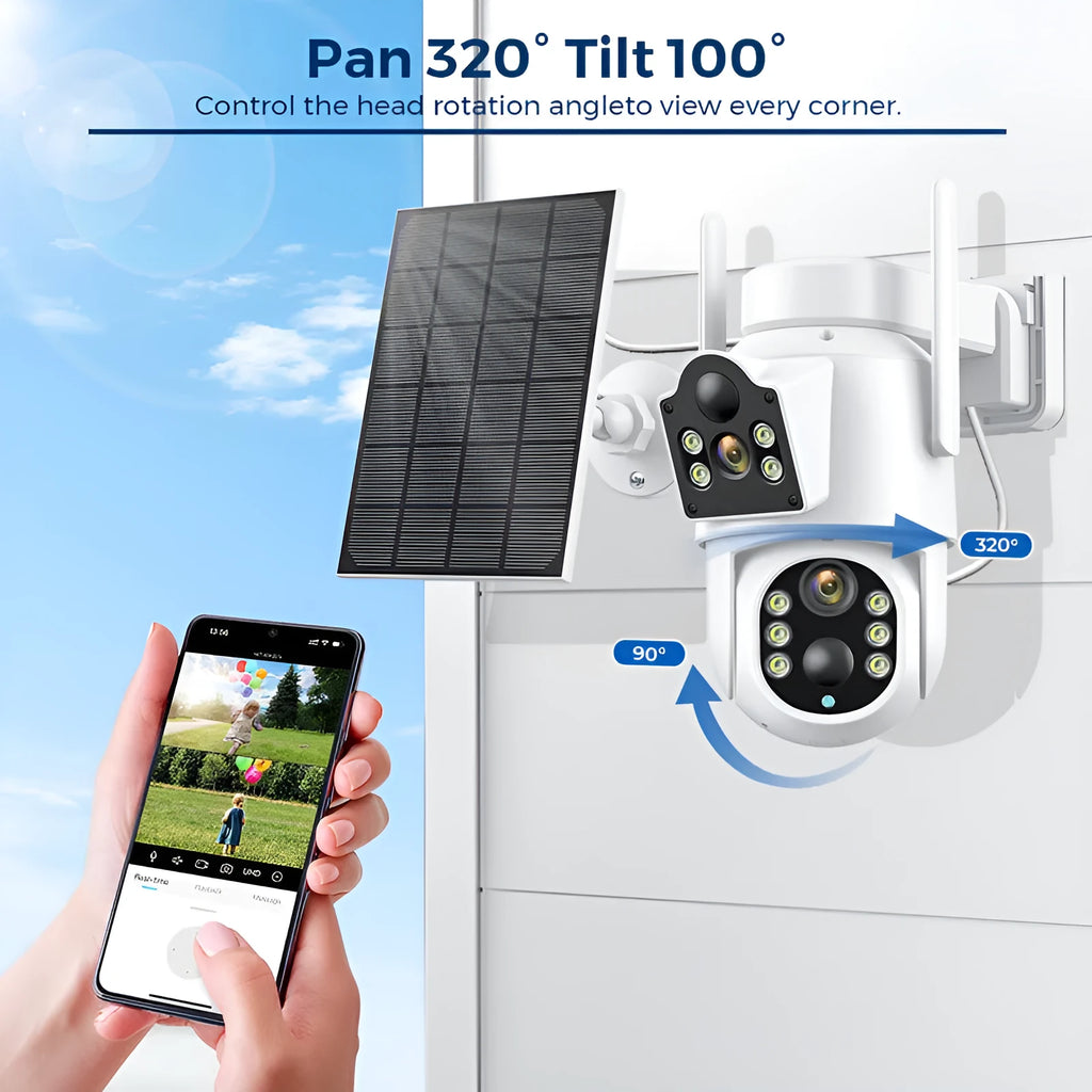 White solar-powered outdoor wireless security camera with solar panel on wall mounting