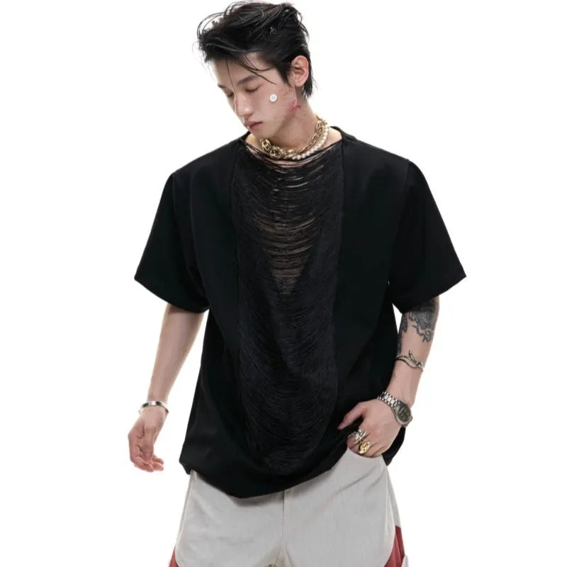Men's black hollow out V-neck loose fit T-shirt with short sleeves and tassel detailing