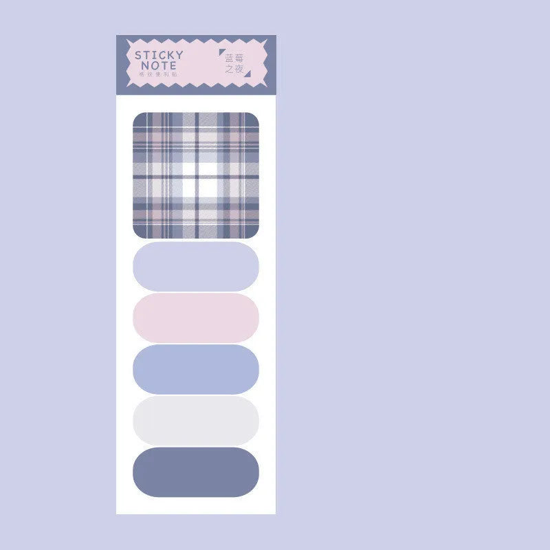 Colourful memo pad sticky notes set showing six plaid designs with 67mm x 200mm sizing