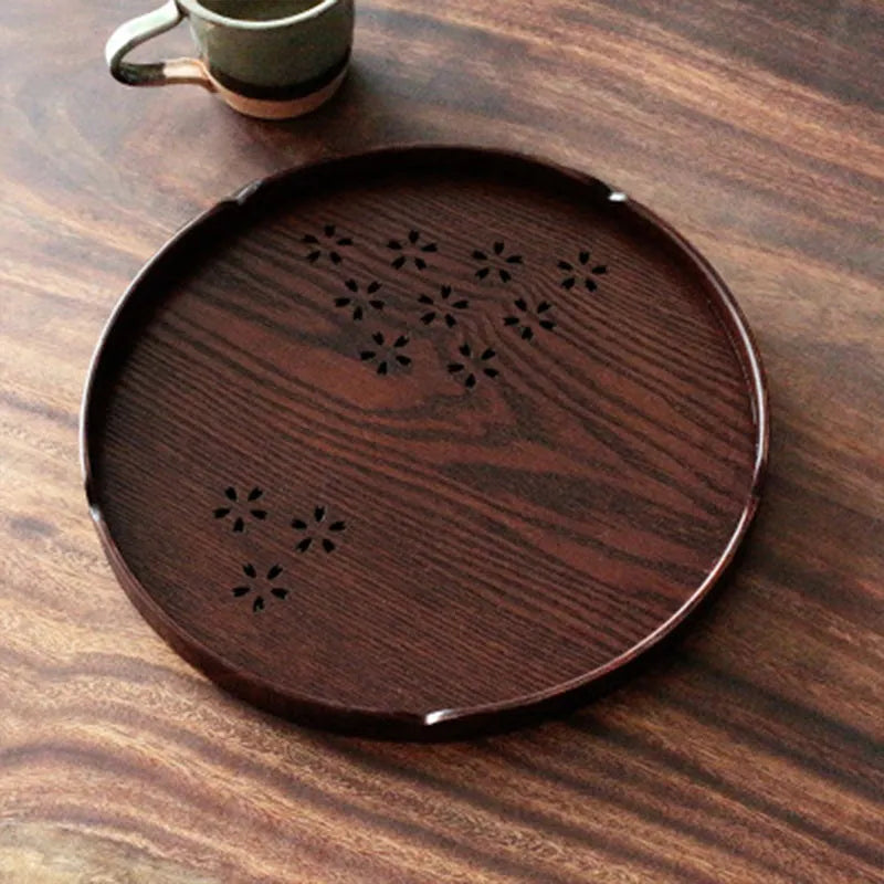 Wooden dessert plate with hollow sakura cherry blossom pattern, 30cm diameter, 2cm depth