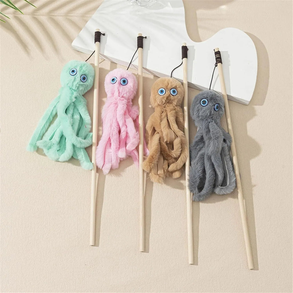 Grey octopus cat toy with eyes on long stick for indoor kitten play