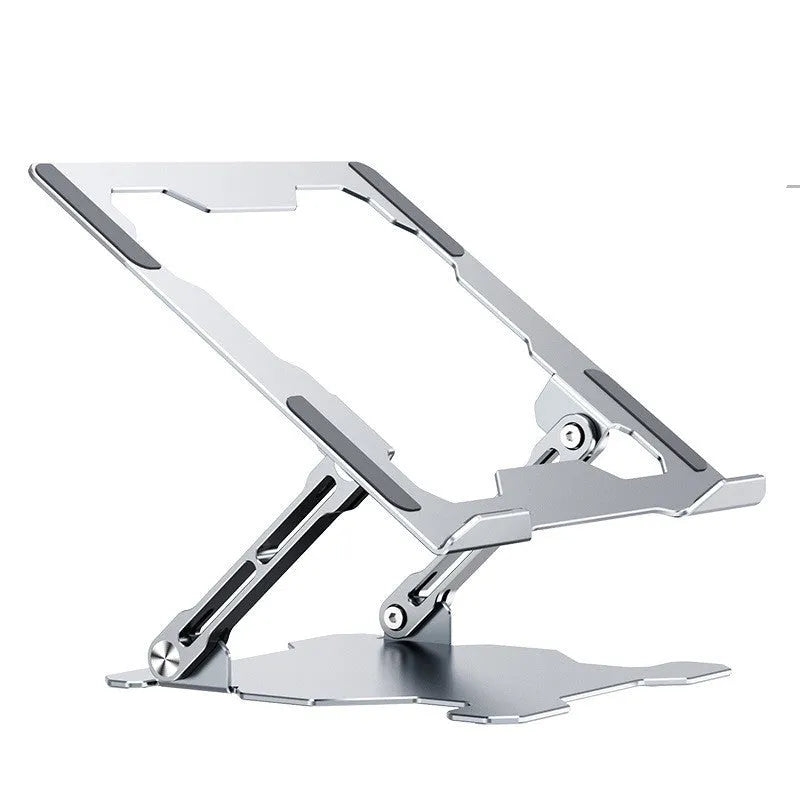 Grey adjustable aluminium laptop stand with hollow design, shown holding a silver laptop.