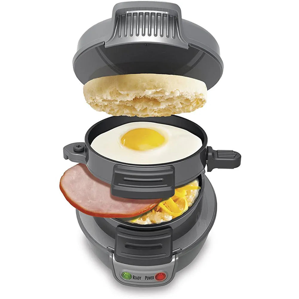 Household breakfast sandwich and waffle maker with egg cooker ring in bright red colour
