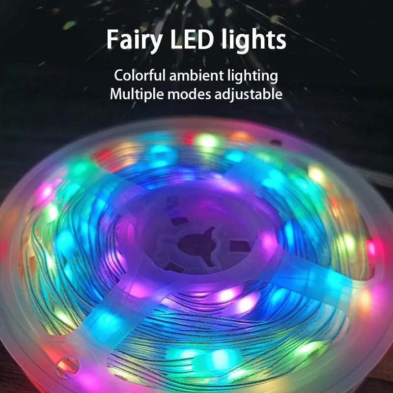 10-metre long multi-colour LED light string with 100 bulbs coiled on a table.