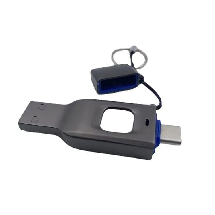 Black metal fingerprint encrypted USB flash drive showing USB 3.0 and Type-C connectors.
