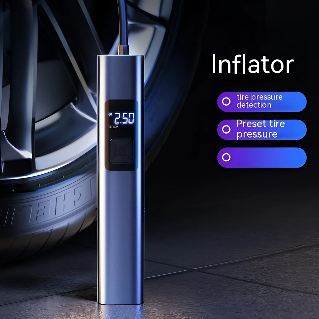 Silver and black portable car air pump with digital display, shown with adapters and USB cable on a table.