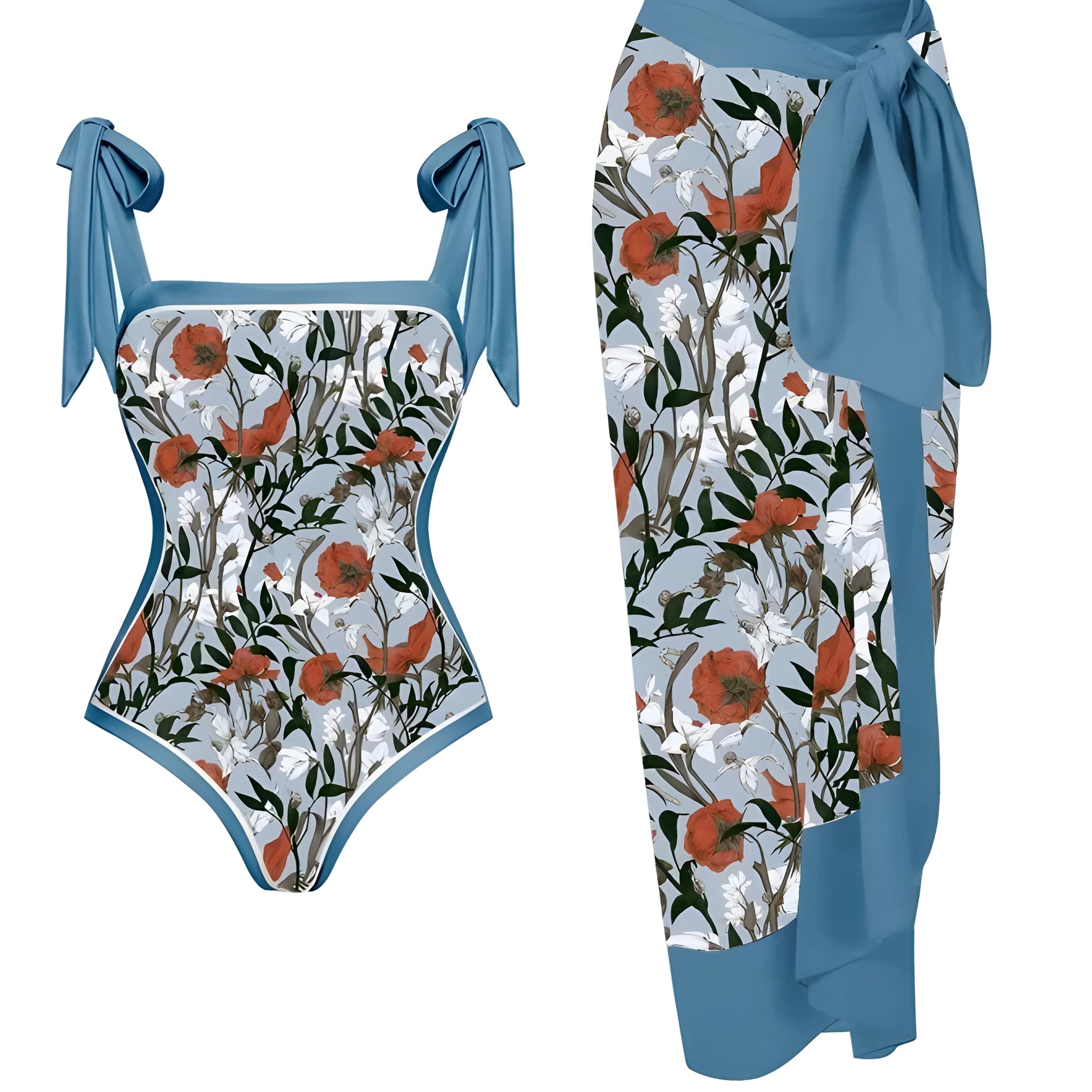 Women's two-piece chiffon swimsuit with positioning printed pattern and hip skirt coverage