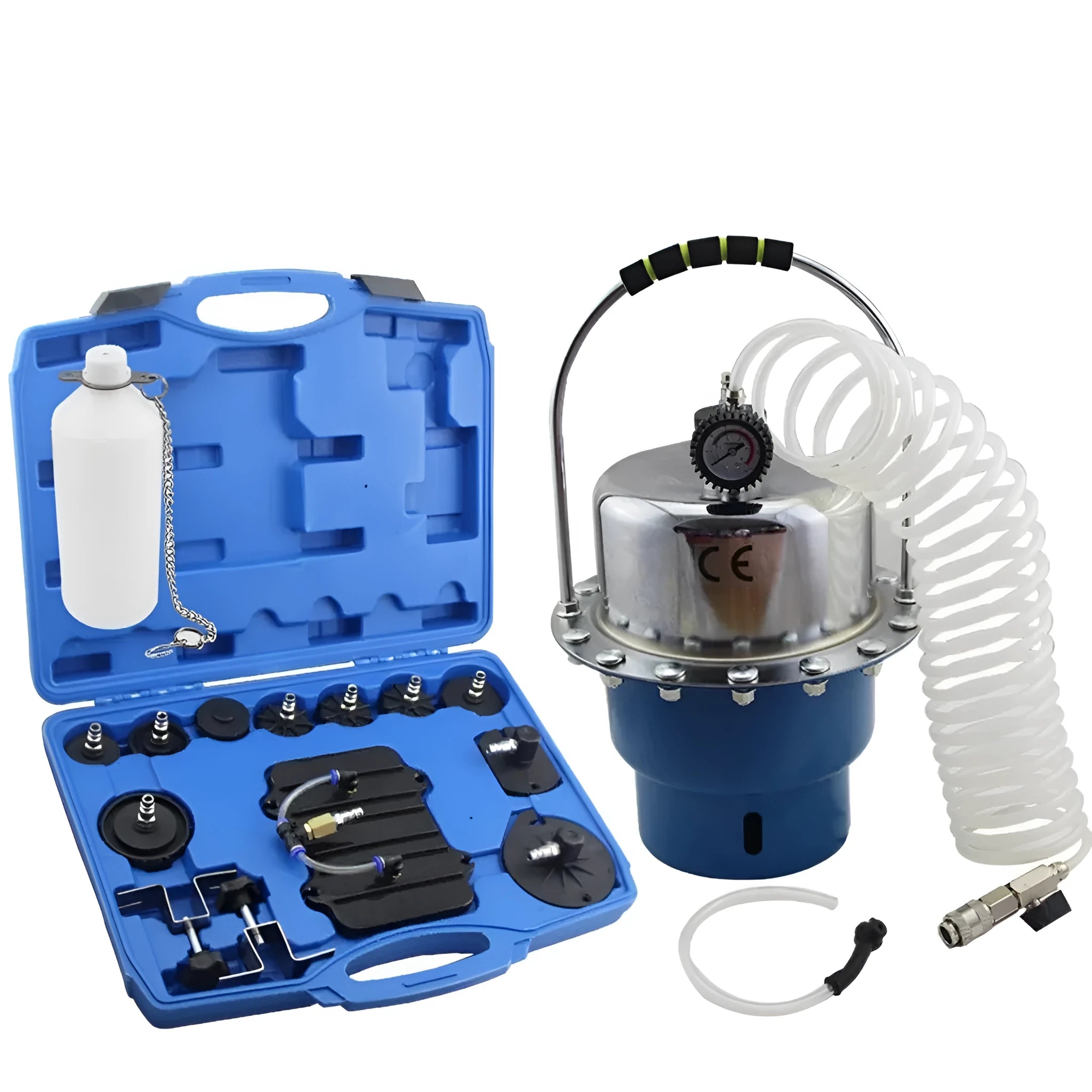 Pneumatic brake fluid replacement tool with 5L tank, pressure gauge, adapter kit, collection bottle, and fluid hose on a workbench