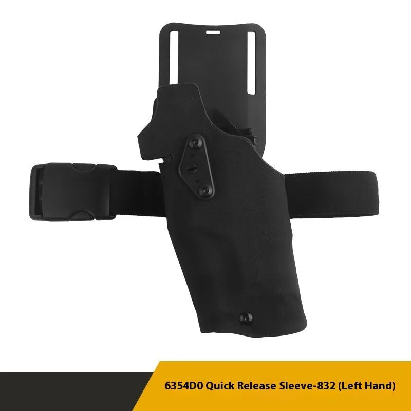 Left hand camouflage waist bag with leg warmer, black CP GB-87, against outdoor foliage background