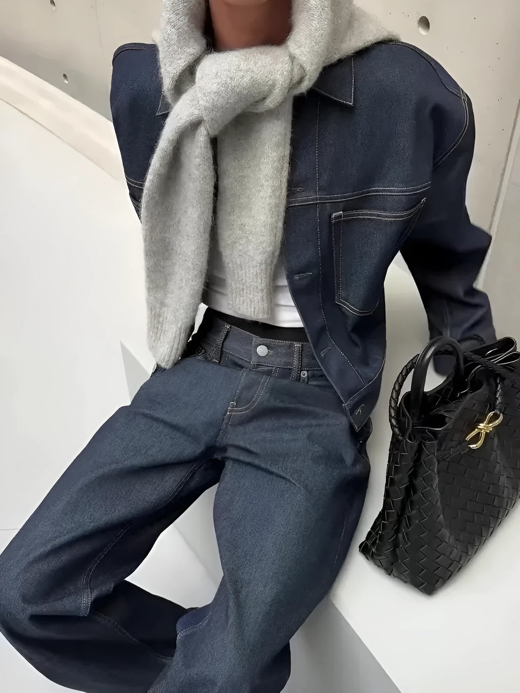 Blue denim oversized jacket and wide-leg pants set for women, casual daily wear with regular fit